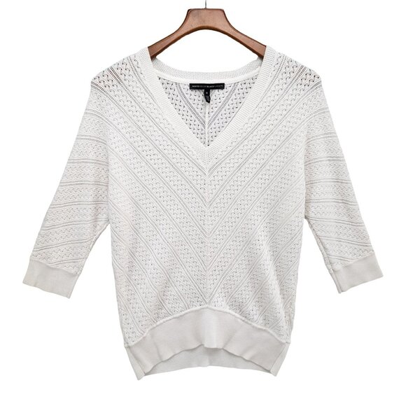 WHBM Crochet Knit Sweater Top Womens White 3/4 Dolman Sleeve V Neck Size M - Picture 1 of 7